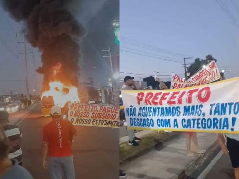 Greve dos “Amarelinhos” em Manaus: micro-ônibus é incendiado durante protesto