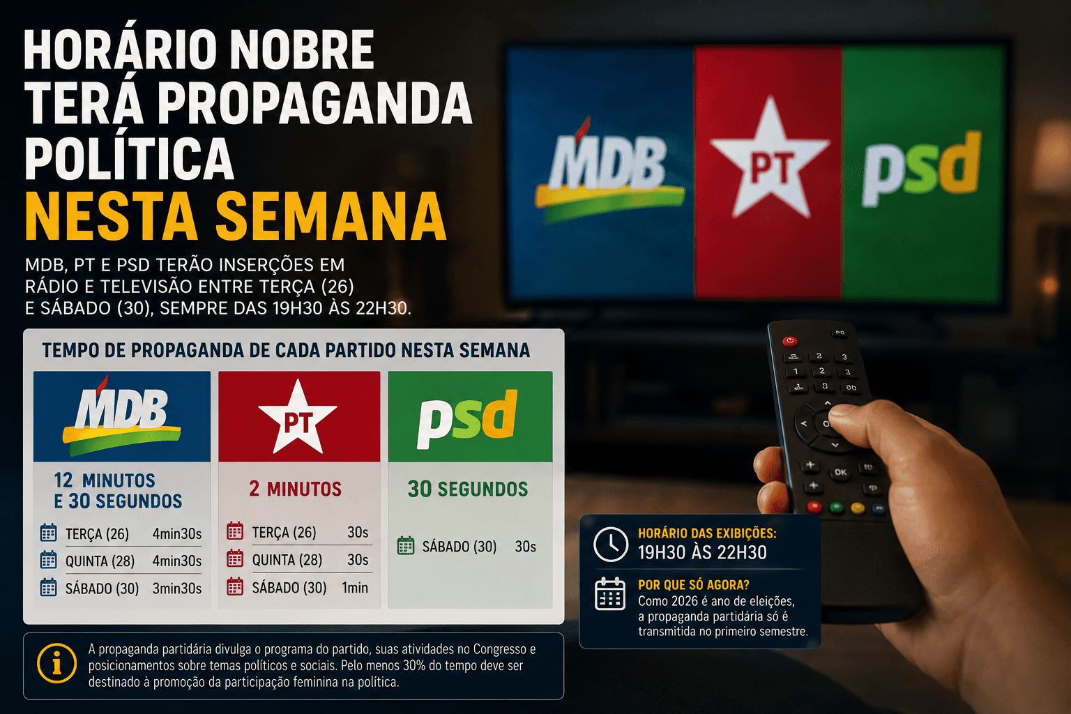 Horário nobre terá propaganda política nesta semana; confira quem ganha mais tempo